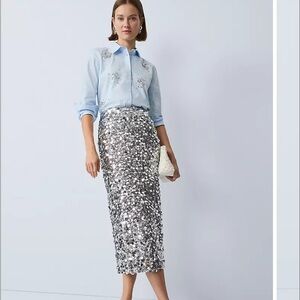 Ann Taylor Silver Sequin Midi Skirt Size 12P